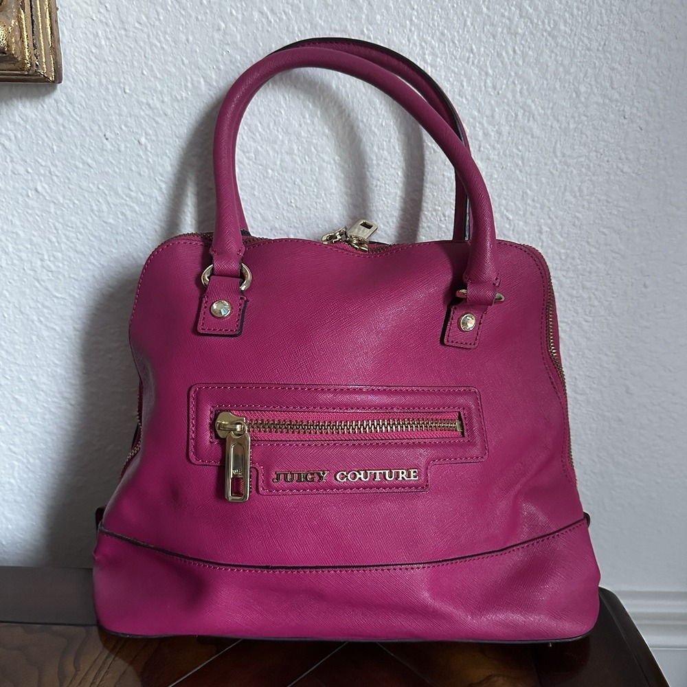 Juicy Couture Gem Satchel Handbag Hot Pink Saffiano Leather Gold Tone Hardware